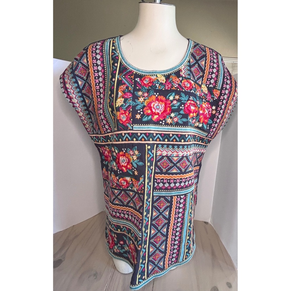 Savanna Jane Women Charcoal Gray Embroidered Boho Floral Cap Sleeve Top Size M